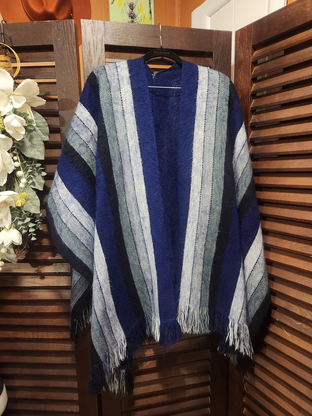 Striped Soft Wool Blue and Grey Fringe Poncho